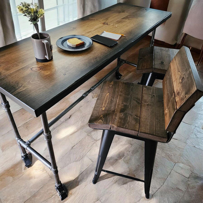 Sunburst Bar Table with Locking Casters and Iron Pipe legs Pub Height Counter Height Dining Table with Reclaimed Distressed Wood
