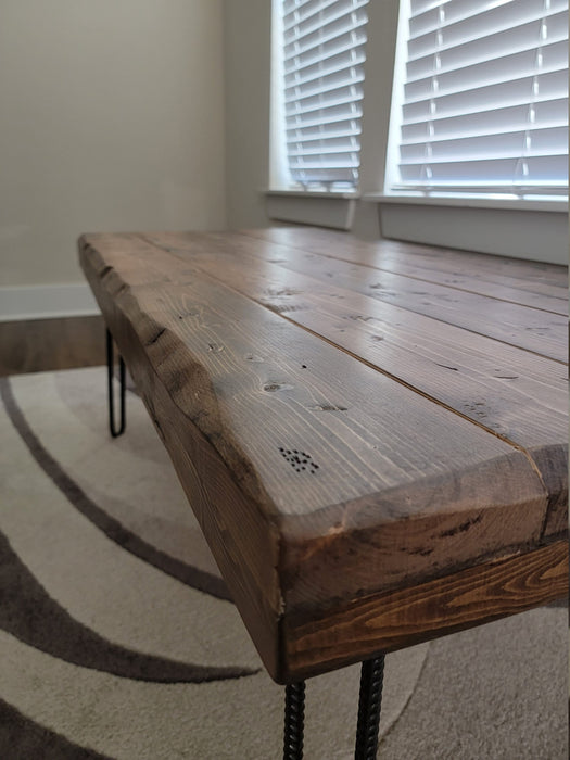 Clearance Sale! Custom Old Growth Style Coffee Table - 3 inch thick top Distressed with Hairpin legs