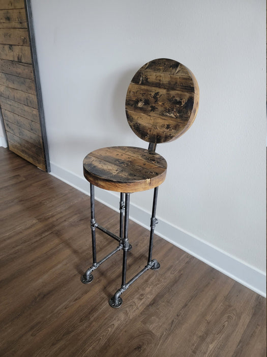 Round Industrial Stool with Back and Iron Pipe Legs any size or height