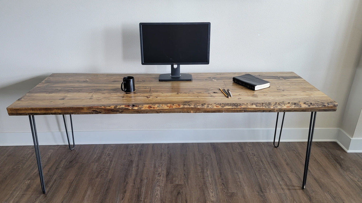 Clearance Sale! Alive Edge Reclaimed Distressed Desk with Rebar Hairpin Legs with Live Edges