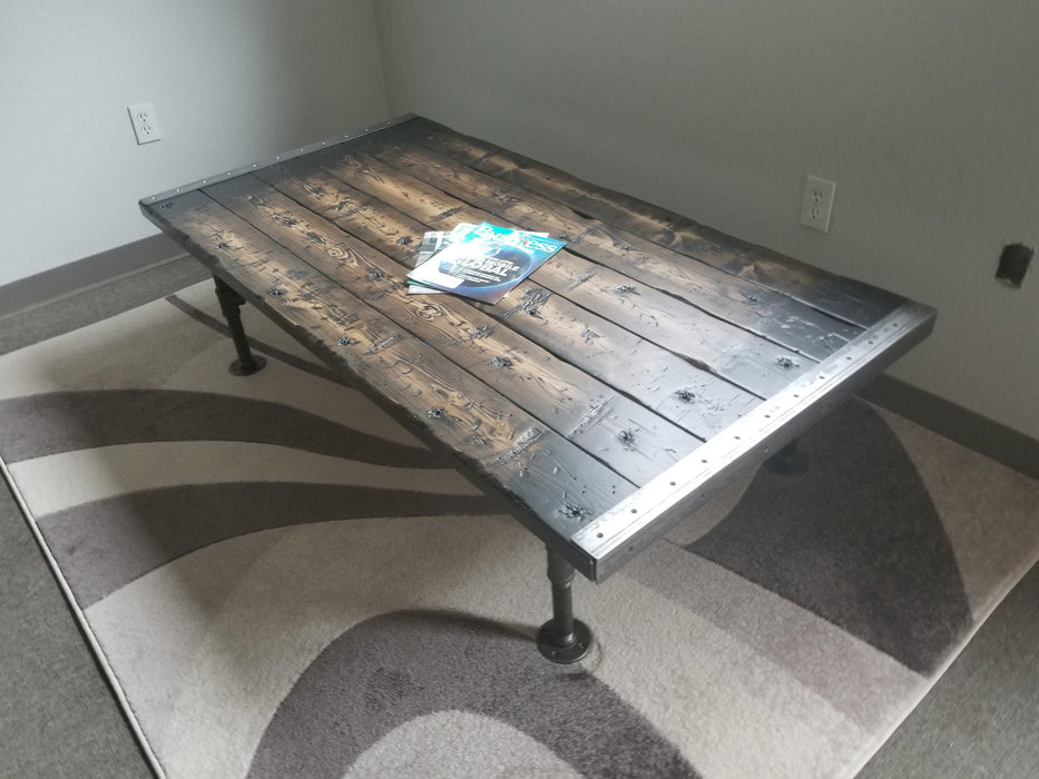 Gothic Tortured Reclaimed Distressed Custom Made Industrial Coffee Table, Wood, raw steel trim and pipe legs