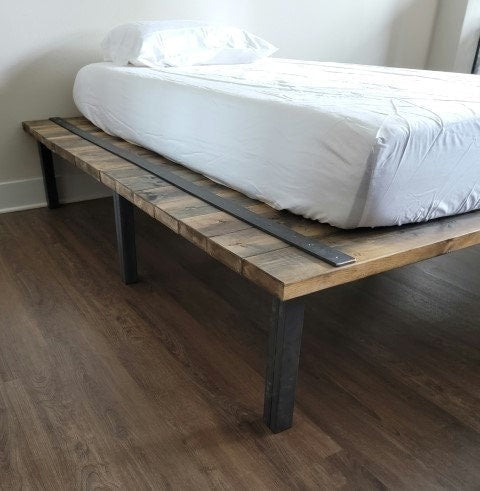 Clearance Sale! Rustic Platform Bed Reclaimed Distressed Solid Wood and Steel