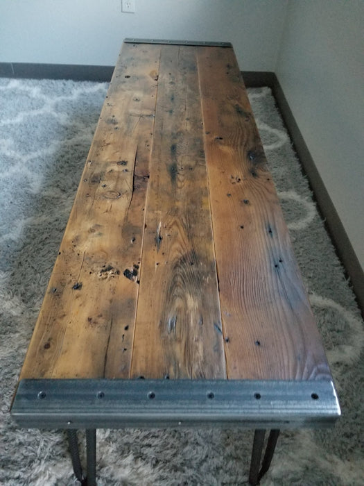 Reclaimed Distressed Custom Built Industrial Bench or Sofa / Hallway Table with Heavy Duty Hairpin Legs