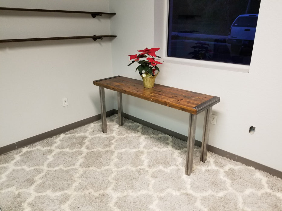 Reclaimed Distressed Custom Industrial Sofa/hallway/entryway table, wood, Straight steel, 2x2 legs, Lots of Character.