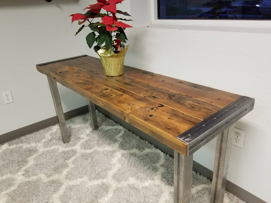 Reclaimed Distressed Custom Industrial Sofa/hallway/entryway table, wood, Straight steel, 2x2 legs, Lots of Character.