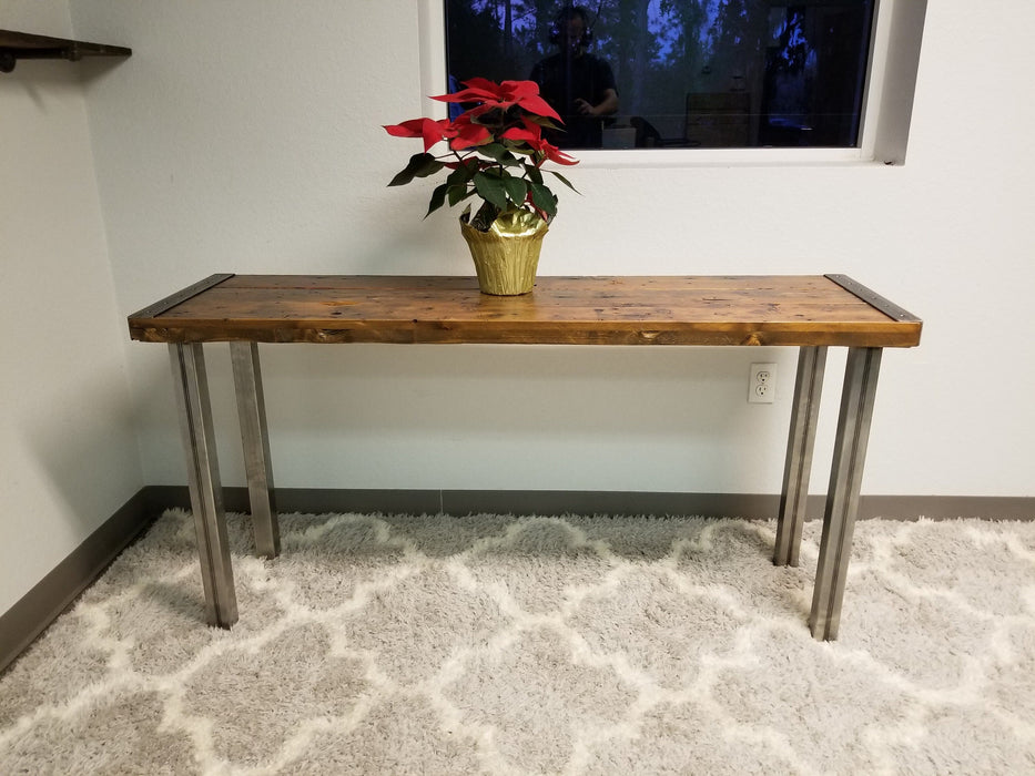 Reclaimed Distressed Custom Industrial Sofa/hallway/entryway table, wood, Straight steel, 2x2 legs, Lots of Character.