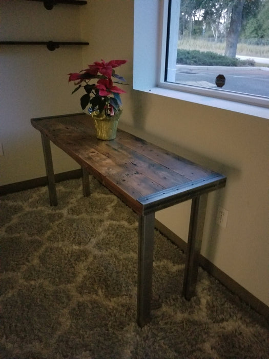 Reclaimed Distressed Custom Industrial Sofa/hallway/entryway table, wood, Straight steel, 2x2 legs, Lots of Character.
