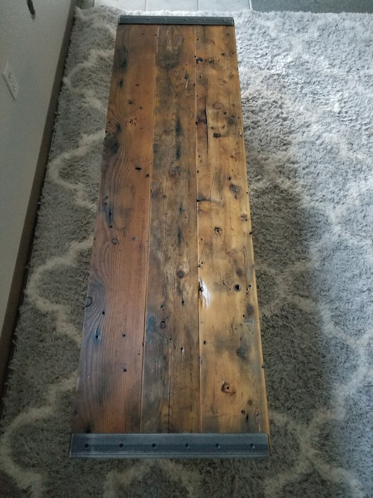 Reclaimed Distressed Custom Industrial Bench, wood, straight steel 2x2 legs, Lots of Character.