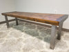 Reclaimed Distressed Custom Industrial Bench, wood, straight steel 2x2 legs, Lots of Character.