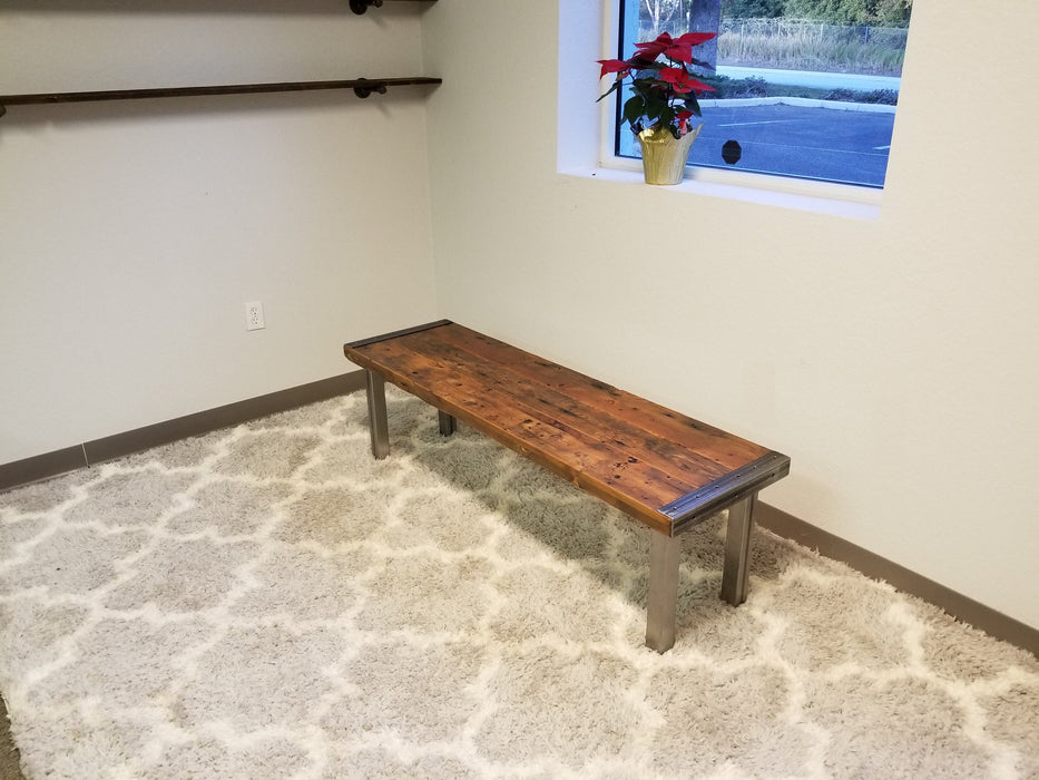 Reclaimed Distressed Custom Industrial Bench, wood, straight steel 2x2 legs, Lots of Character.
