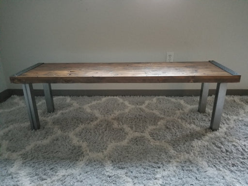 Reclaimed Distressed Custom Industrial Bench, wood, straight steel 2x2 legs, Lots of Character.