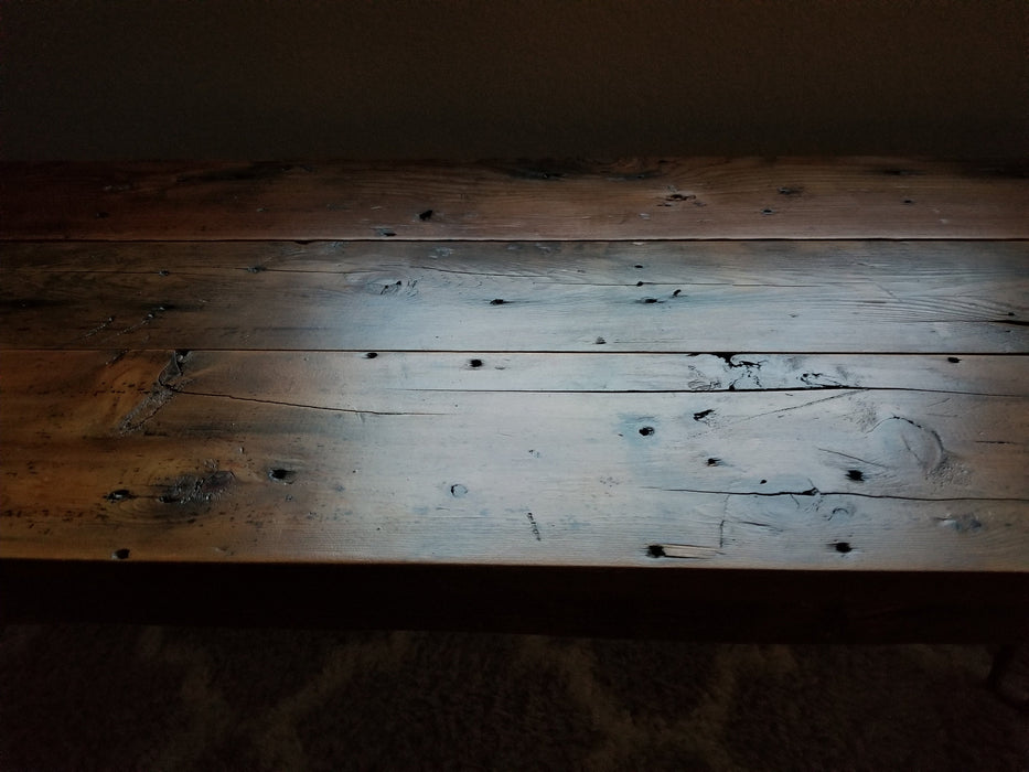 Reclaimed Distressed Sofa table made with Hairpin legs made. Lots of Character.