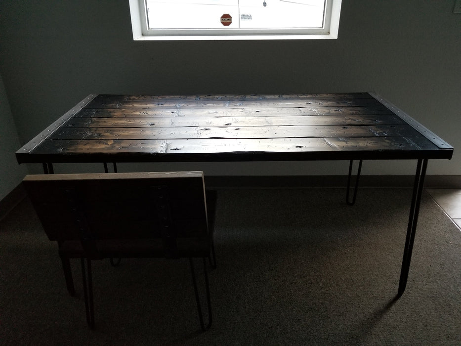Tortured Reclaimed Distressed Industrial Wood Dining Table with hairpin legs