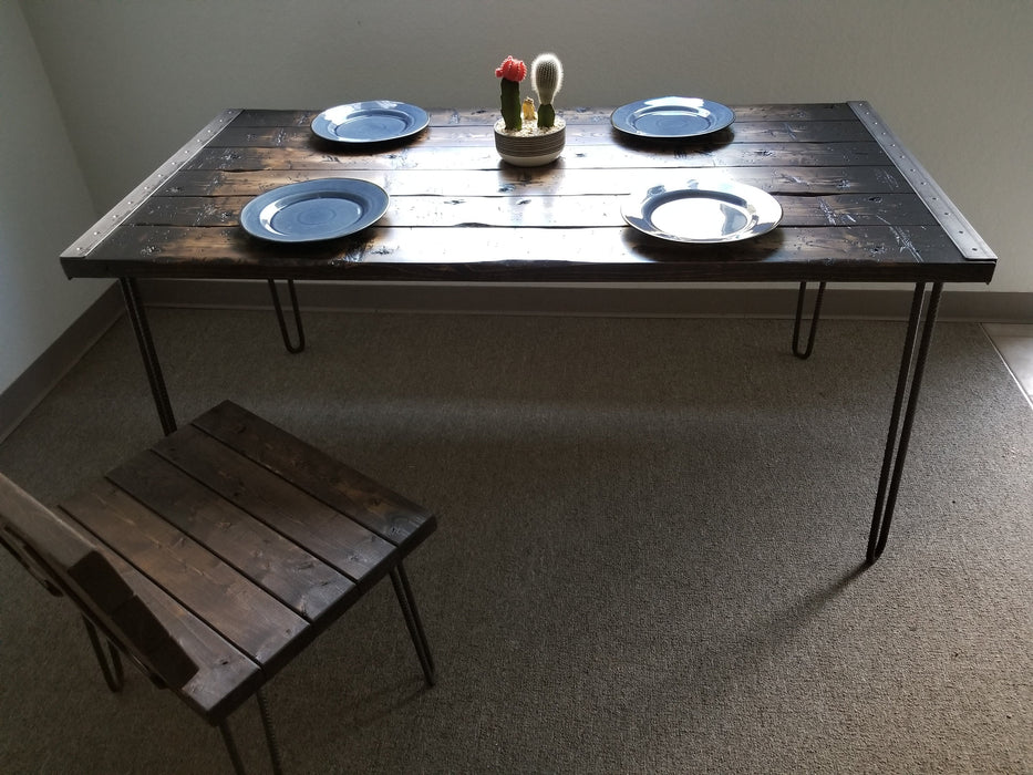 Clearance Sale! Tortured Reclaimed Distressed Pub Height Counter Height Industrial Wood Dining Table with rebar hairpin legs