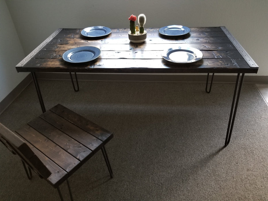 Tortured Reclaimed Distressed Industrial Wood Dining Table with hairpin legs