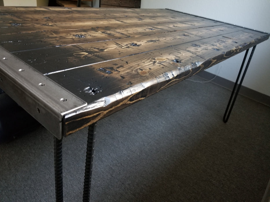 Clearance Sale! Tortured Reclaimed Distressed Pub Height Counter Height Industrial Wood Dining Table with rebar hairpin legs