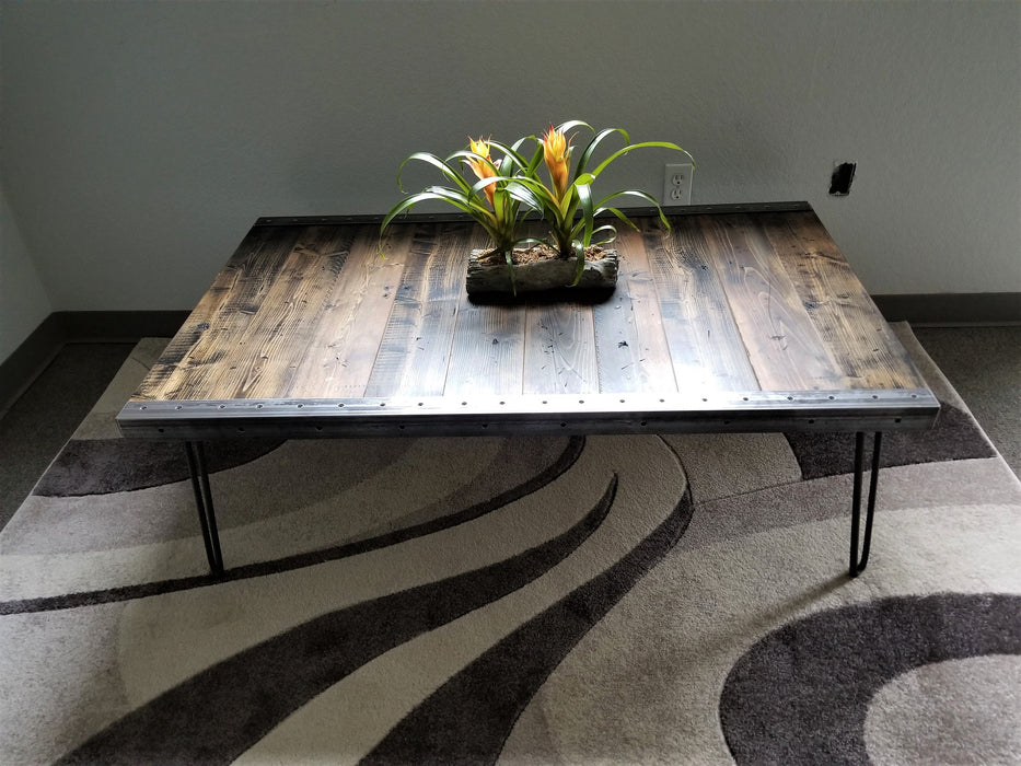 Reclaimed Distressed Custom built Industrial Coffee Table, Wood, raw steel trim and hairpin legs