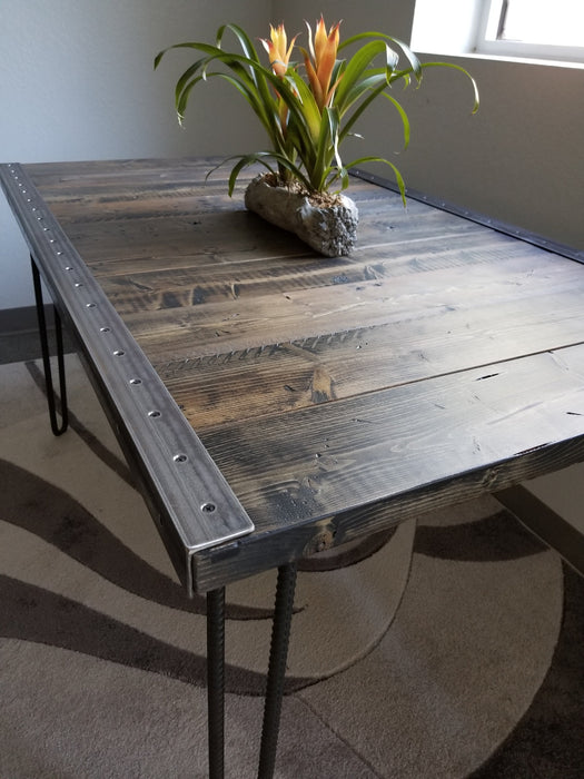 Reclaimed Distressed Custom built Industrial desk with raw steel trim and hairpin legs