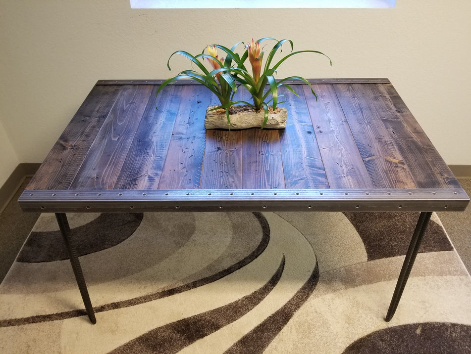 Reclaimed Distressed Custom built Industrial desk with raw steel trim and hairpin legs