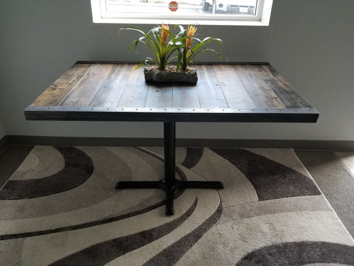 Reclaimed Distressed Restaurant Dining Table with Pedestal Base//Character//Custom built Industrial raw steel