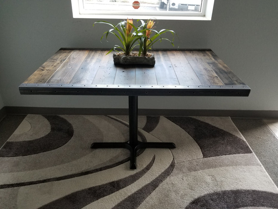 Reclaimed Distressed Restaurant Dining Table with Pedestal Base//Character//Custom built Industrial raw steel