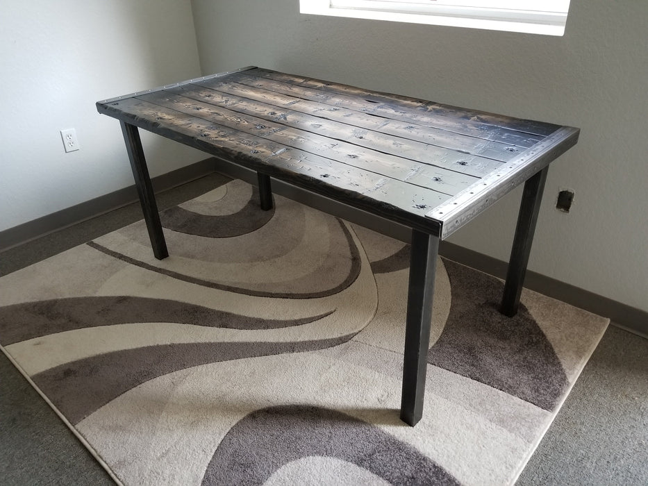 Tortured Reclaimed Distressed Industrial Office Desk with straight steel 2x2 legs