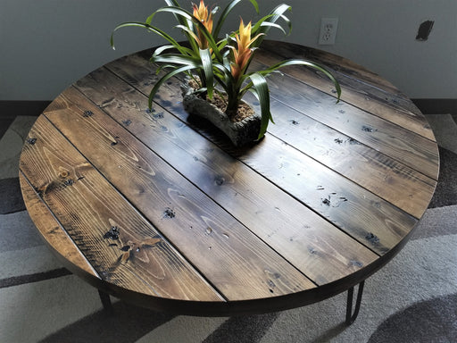 Reclaimed Distressed Round Coffee Table. Heavy Duty Hairpin legs. Choose size and height.
