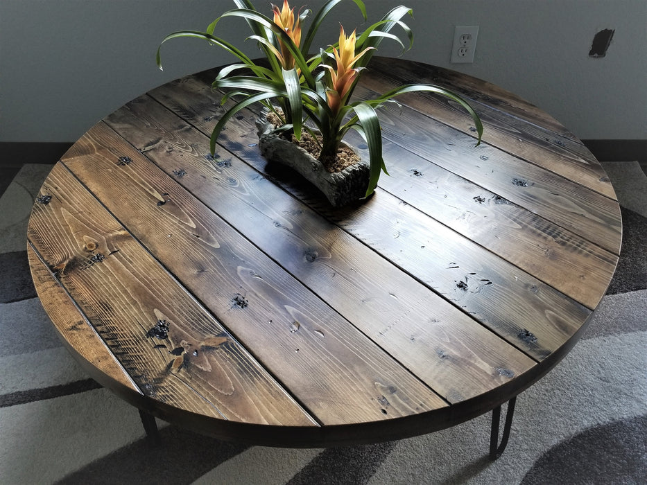 Reclaimed Distressed Round Coffee Table. Heavy Duty Hairpin legs. Choose size and height.