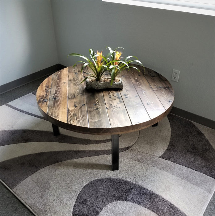 Clearance Sale! Reclaimed Distressed Round Coffee Table. Straight steel legs. Choose size and height.