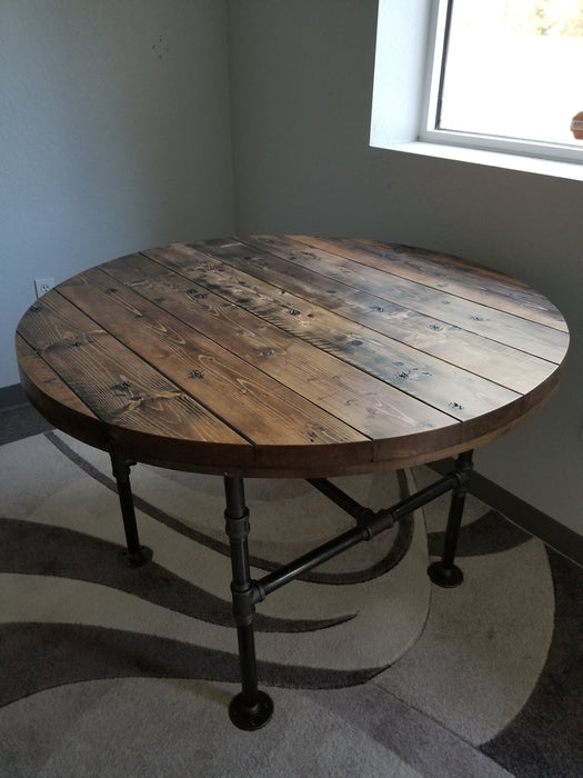 Reclaimed Distressed Round Dining Table. Heavy Duty Iron Pipe legs. Choose size and height.