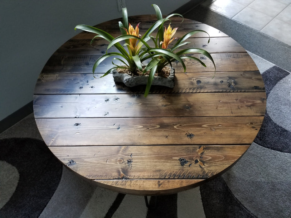 Reclaimed Distressed Round Dining Table. Heavy Duty Iron Pipe legs. Choose size and height.