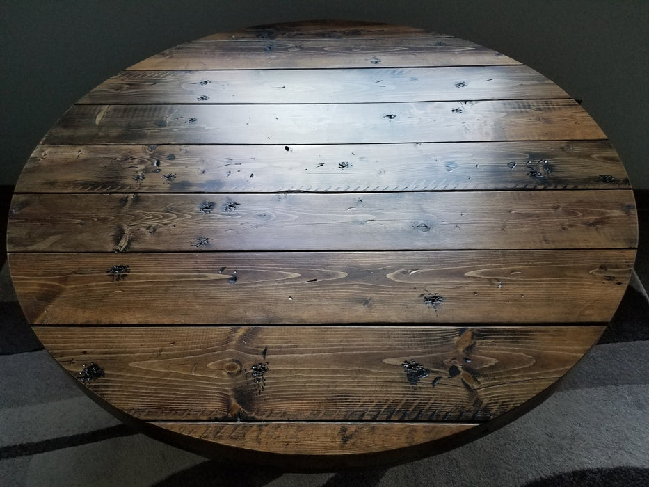 Reclaimed Distressed Round Coffee Table. Heavy Duty Iron Pipe legs. Choose size and height.