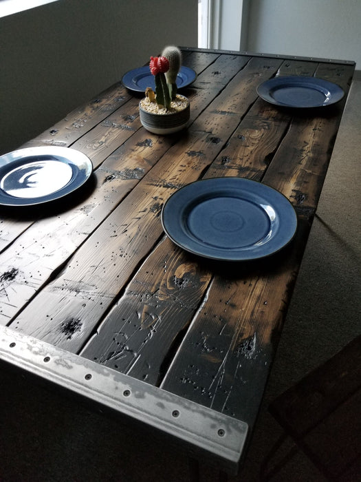 Tortured Reclaimed Distressed Industrial Wood Dining Table with hairpin legs