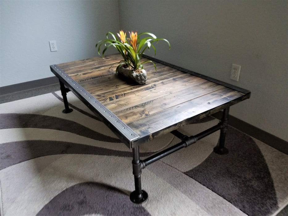 Reclaimed Distressed Coffee Table with Pipe legs, well built, Quality, Character, Customizable.