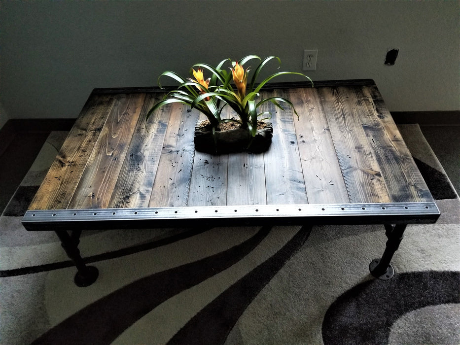 Reclaimed Distressed Coffee Table with Pipe legs, well built, Quality, Character, Customizable.