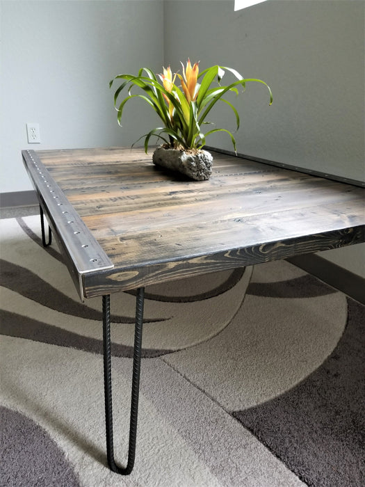 Reclaimed Distressed Custom built Industrial Coffee Table, Wood, raw steel trim and hairpin legs