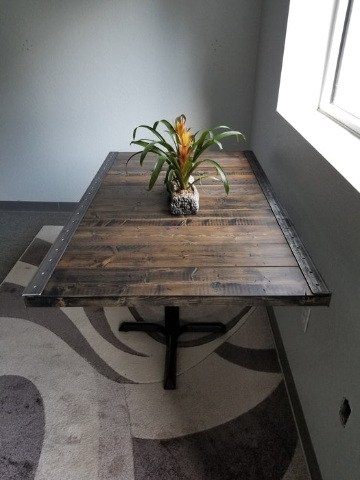 Reclaimed Distressed Restaurant Dining Table with Pedestal Base//Character//Custom built Industrial raw steel