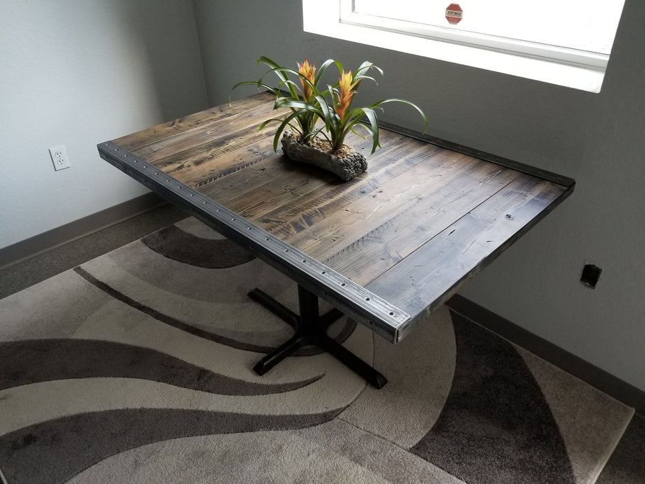 Reclaimed Distressed Restaurant Dining Table with Pedestal Base//Character//Custom built Industrial raw steel