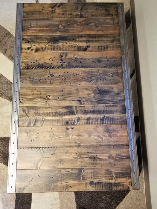 Reclaimed Distressed Custom built Industrial desk with raw steel trim and straight steel legs
