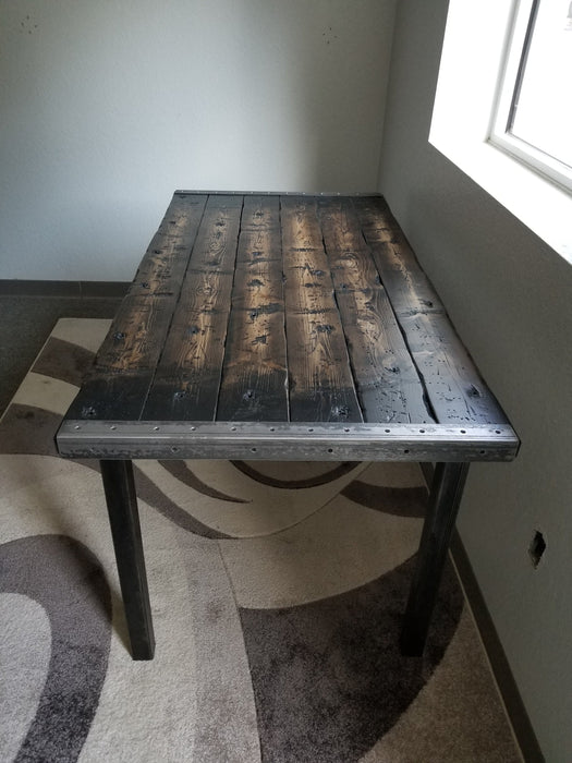 Tortured Reclaimed Distressed Industrial Office Desk with straight steel 2x2 legs