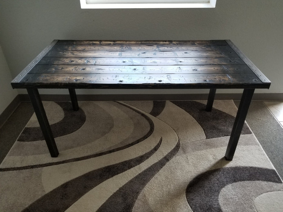 Tortured Reclaimed Distressed Industrial Office Desk with straight steel 2x2 legs
