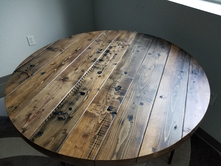 Reclaimed Distressed Round Dining Table. Heavy Duty Iron Pipe legs. Choose size and height.