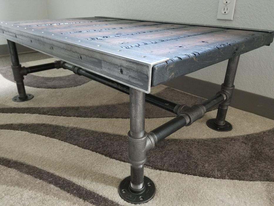 Stitches Reclaimed Distressed Coffee Table with Pipe legs, well built, Quality, Character, Customizable.