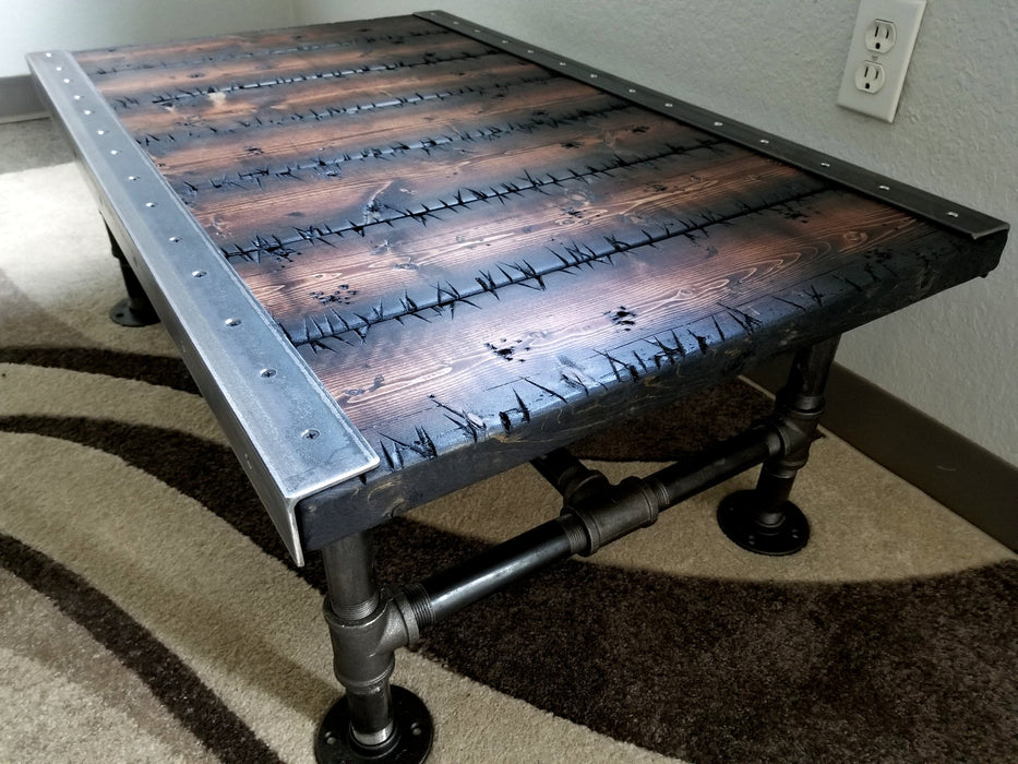 Stitches Reclaimed Distressed Coffee Table with Pipe legs, well built, Quality, Character, Customizable.