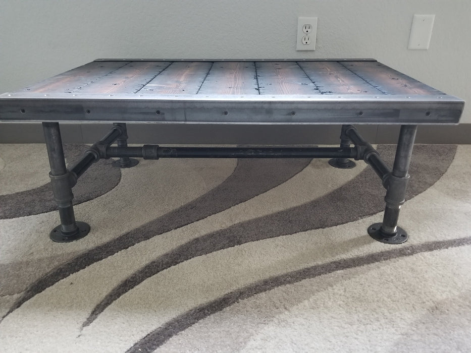 Stitches Reclaimed Distressed Coffee Table with Pipe legs, well built, Quality, Character, Customizable.
