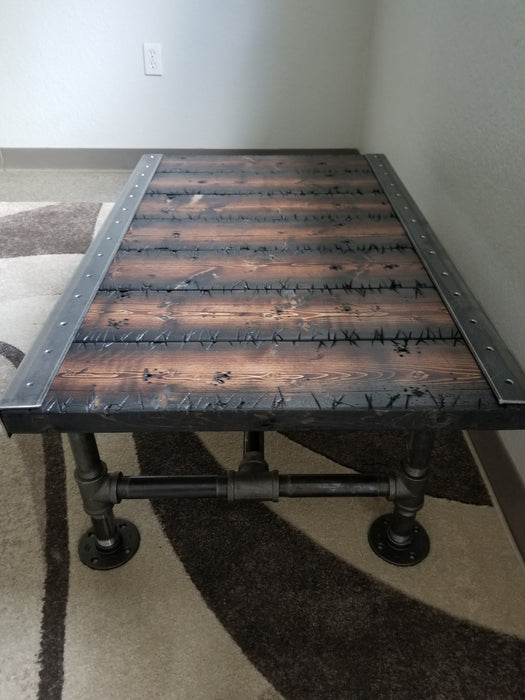 Stitches Reclaimed Distressed Coffee Table with Pipe legs, well built, Quality, Character, Customizable.