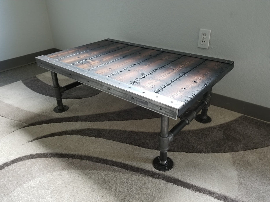 Stitches Reclaimed Distressed Coffee Table with Pipe legs, well built, Quality, Character, Customizable.