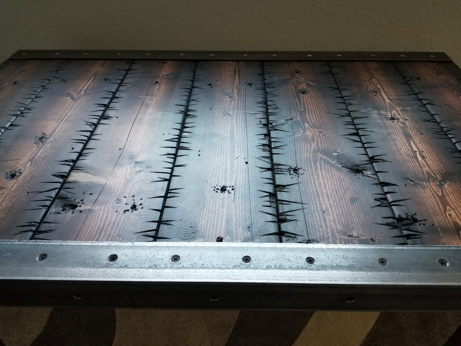 Stitches Reclaimed Distressed Coffee Table with Pipe legs, well built, Quality, Character, Customizable.