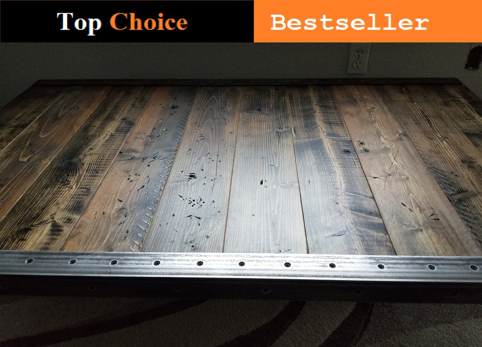 Reclaimed Distressed Dining Table with 2x2 legs//Custom built Industrial raw steel trim and straight steel legs.