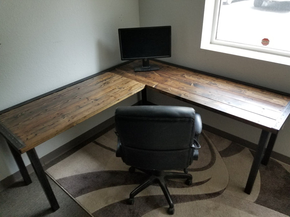Custom L-Shaped Desk Reclaimed Distressed Industrial Style with 2x2 legs, large keyboard tray, wood drawer, free shipping